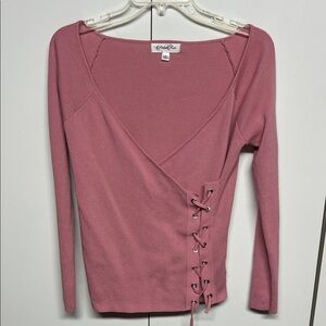 Petal Roz Dusty Rose Ribbed Lace Up Top Long Sleeve Blush Pink Large